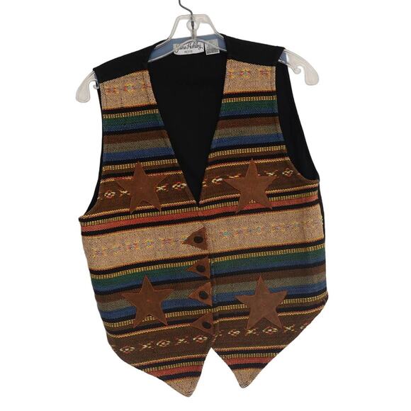 Vintage Jane Ashley Western Rodeo Vest Woven Suede Stars Women Large Petite - Picture 1 of 13